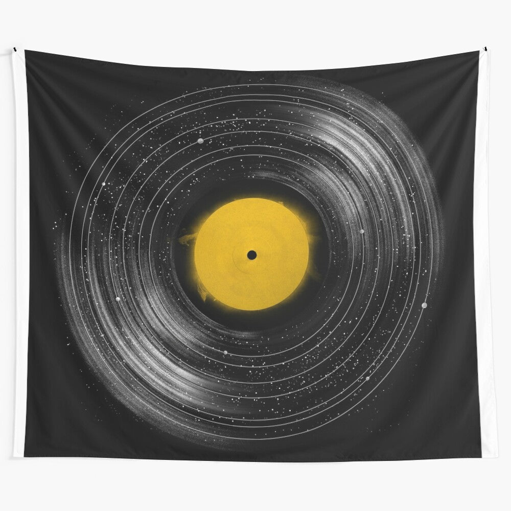 Cosmic Sound System Tapestry - Vibrant Abstract Wall Hanging featuring planets, stars, and solar system elements