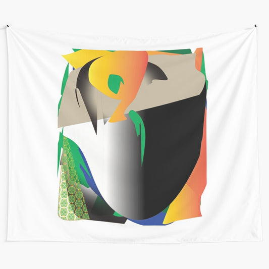 Cubist-inspired tapestry featuring abstract, geometric shapes and colors