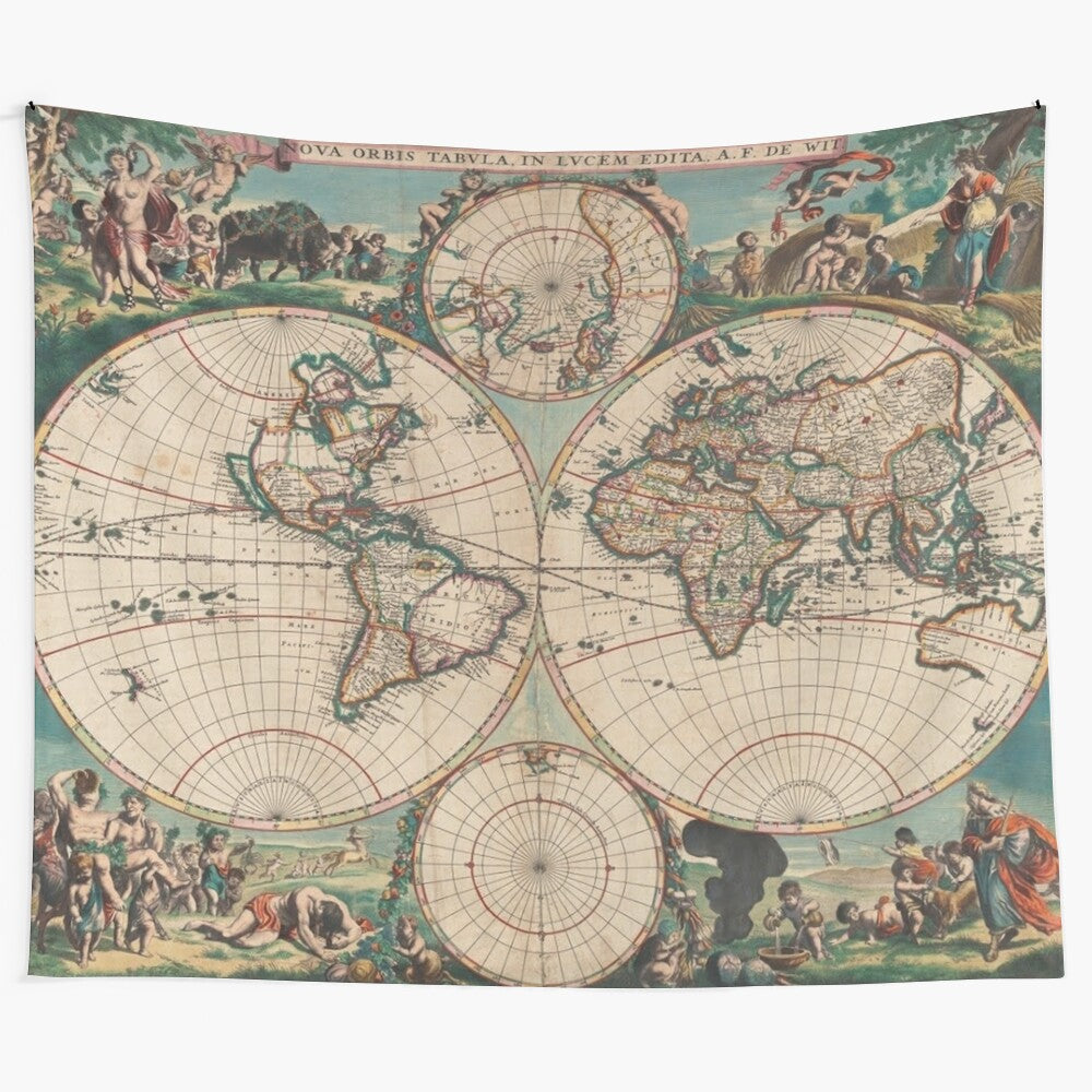 Vintage 1670 Amsterdam tapestry featuring an old map of the world