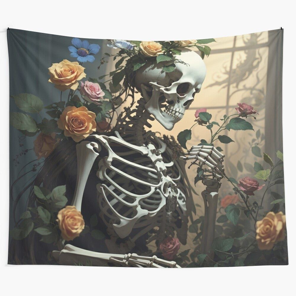 Digital art tapestry featuring a floral vanitas design with skeletal elements and natural motifs