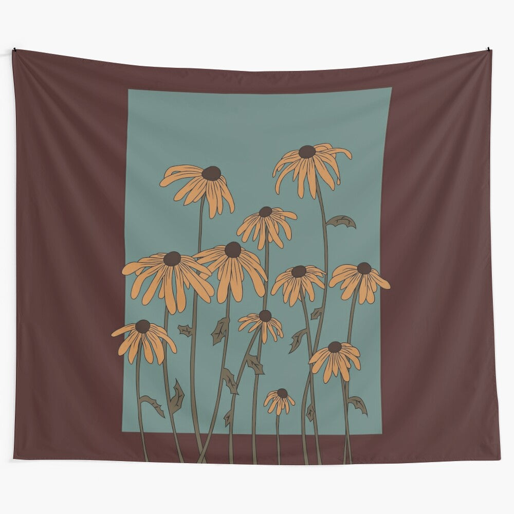 Colorful black eyed susans tapestry featuring yellow flowers, blue, and red accents