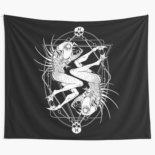 Zodiac Pisces tapestry featuring a creepy, half-fish, mermaid-like creature with a human skull