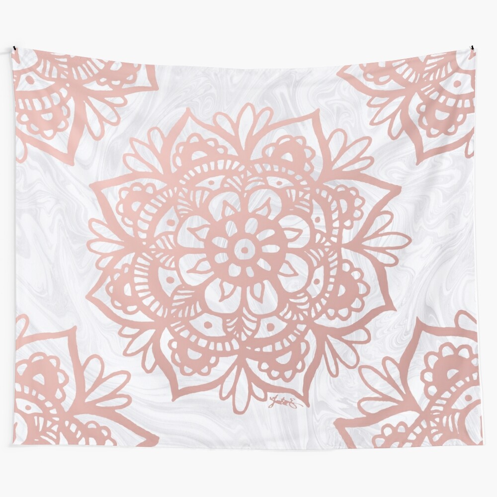 Rose gold mandala patterns on a marble textured background tapestry