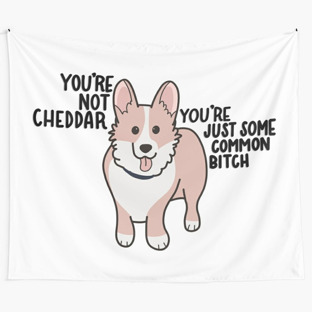 Cheddar the Corgi from Brooklyn Nine-Nine featured in a colorful tapestry design