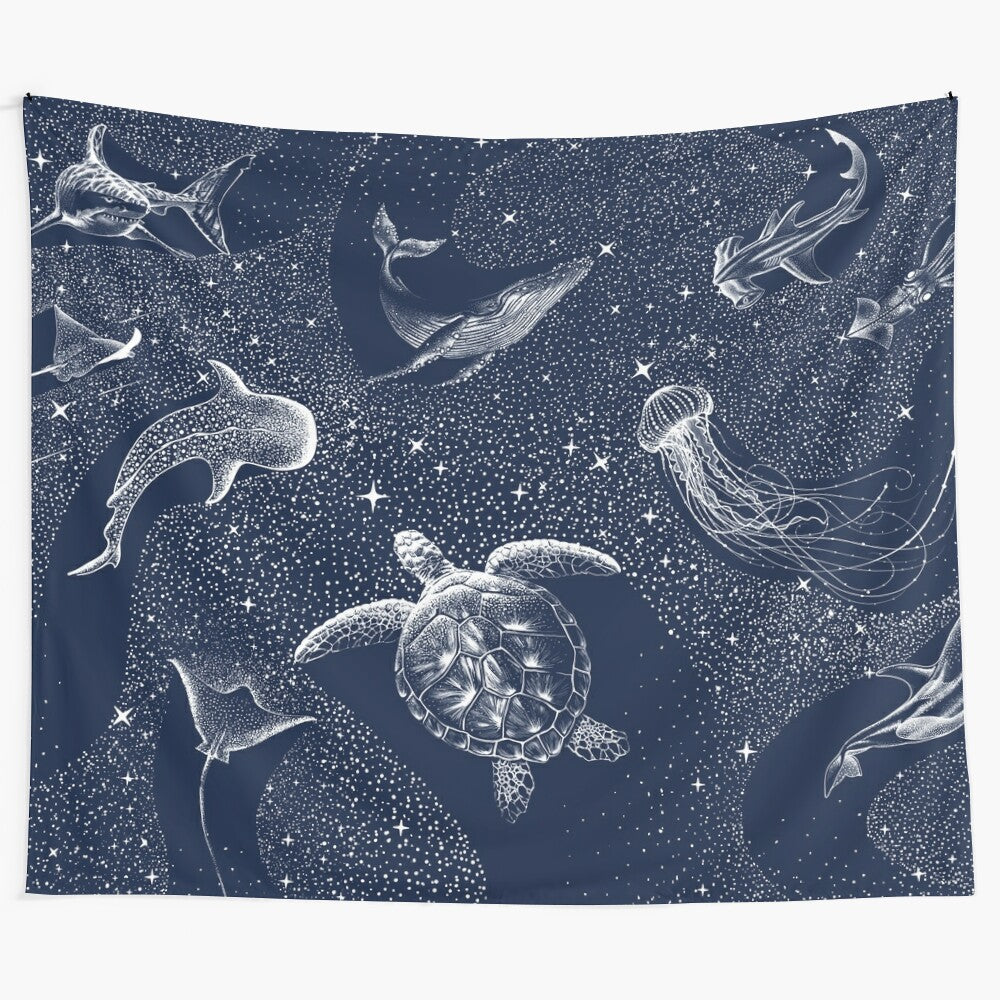 Cosmic Ocean Tapestry featuring a variety of marine life and celestial elements