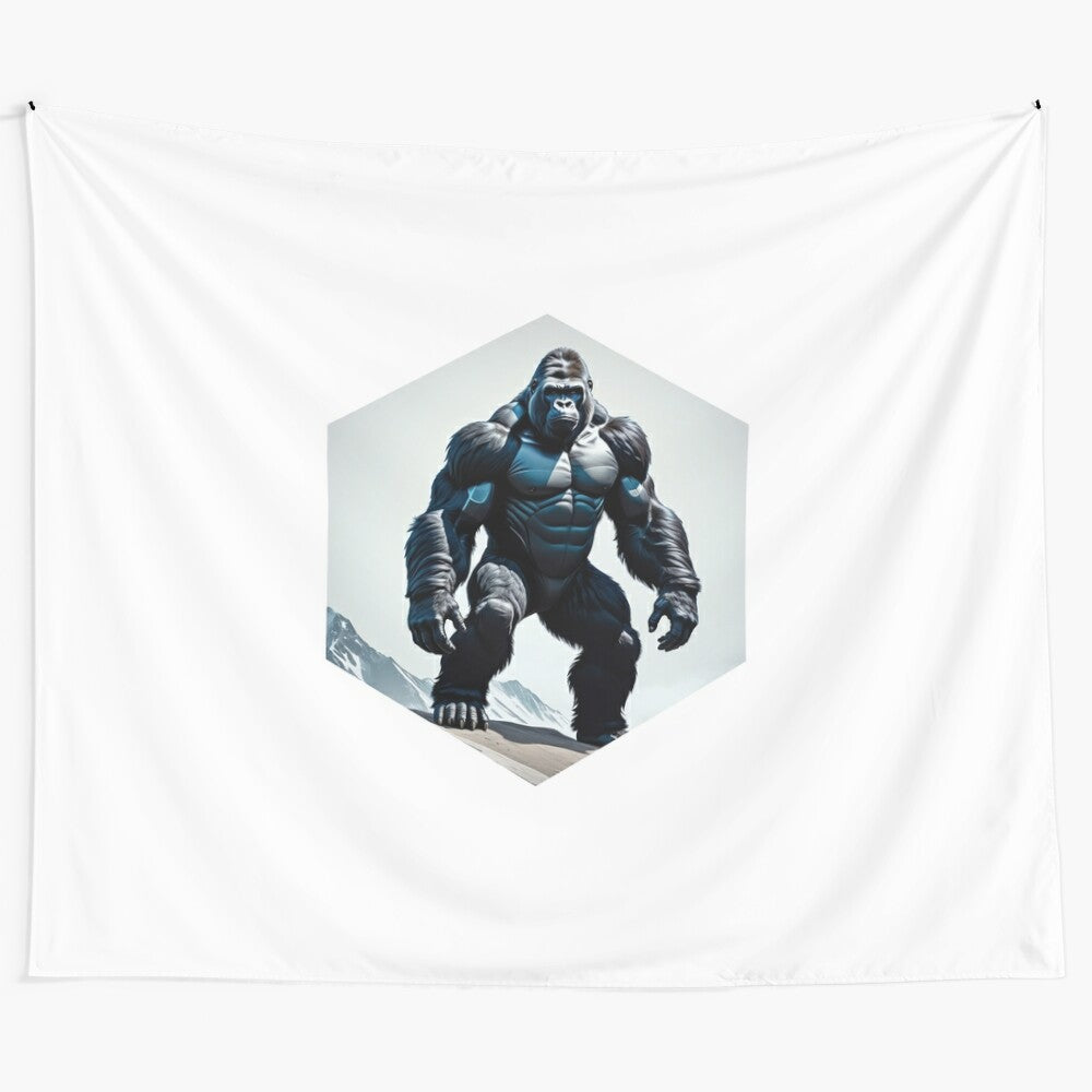 A minimalist tapestry featuring a gorilla superhero in an outdoor adventure scene