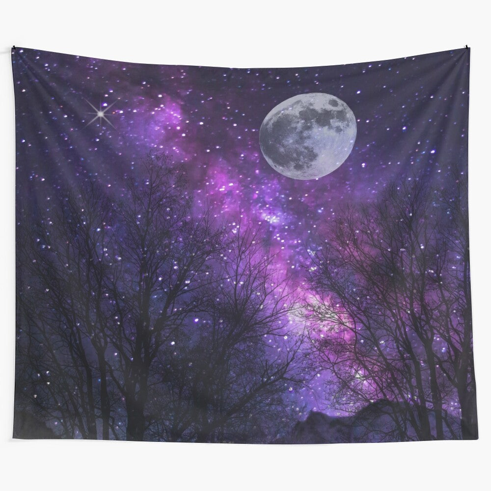 Mystic moon tapestry with starry galaxy and mountain landscape