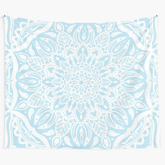 Pastel blue and white mandala design tapestry