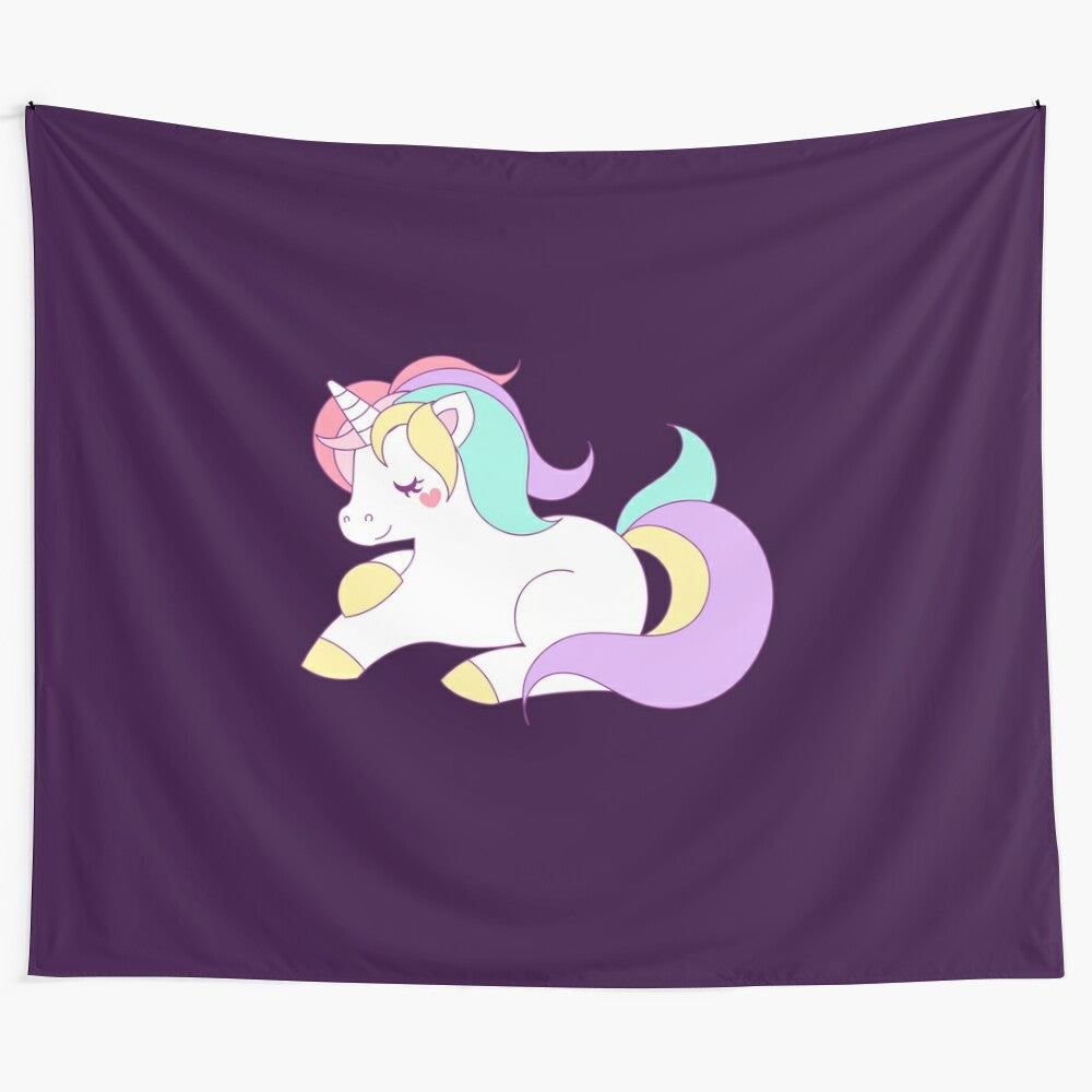 Vibrant unicorn tapestry with pastel colors and whimsical design