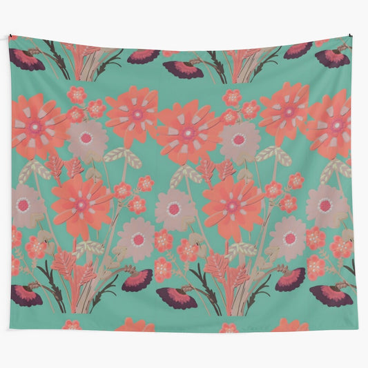 Warm coral bunch tapestry with floral and botanical elements