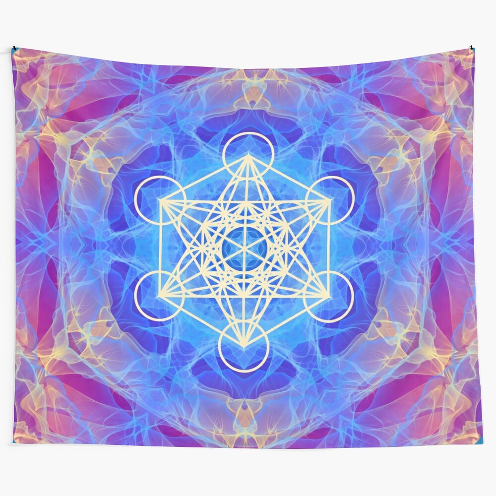 Blue, red, and yellow Metatron cube mandala tapestry with sacred geometry design