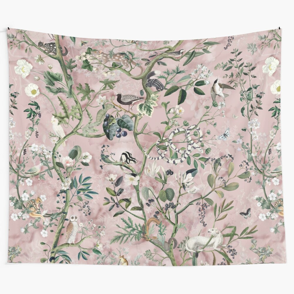 Vibrant pink tapestry with a wild, nature-inspired design featuring various plants, animals, and floral elements