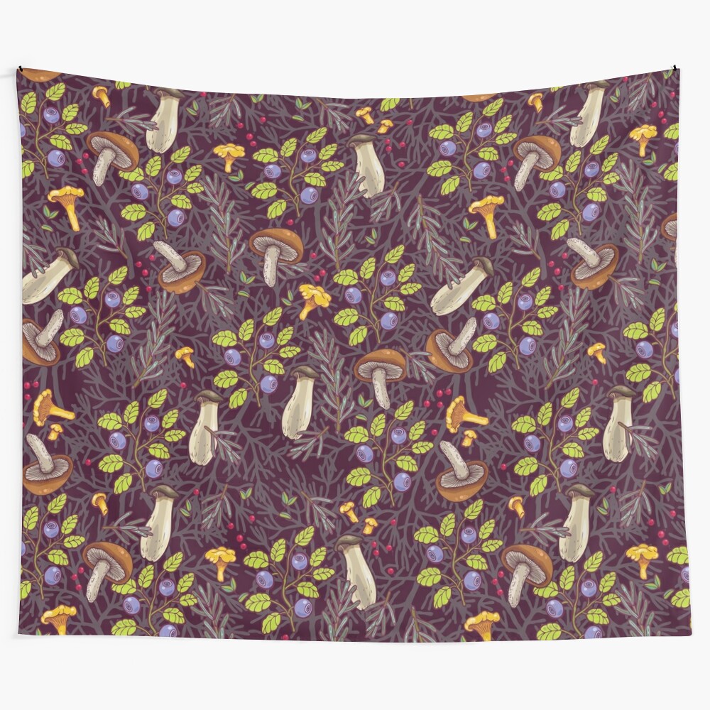 Forest tapestry with mushrooms, leaves, and other natural elements