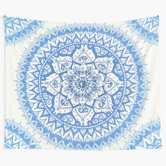 Yin Yang Mandala Tapestry in Soft Blue Floral Pattern