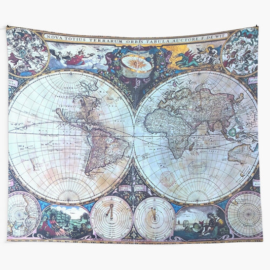 Vintage-inspired world map tapestry featuring a detailed map design