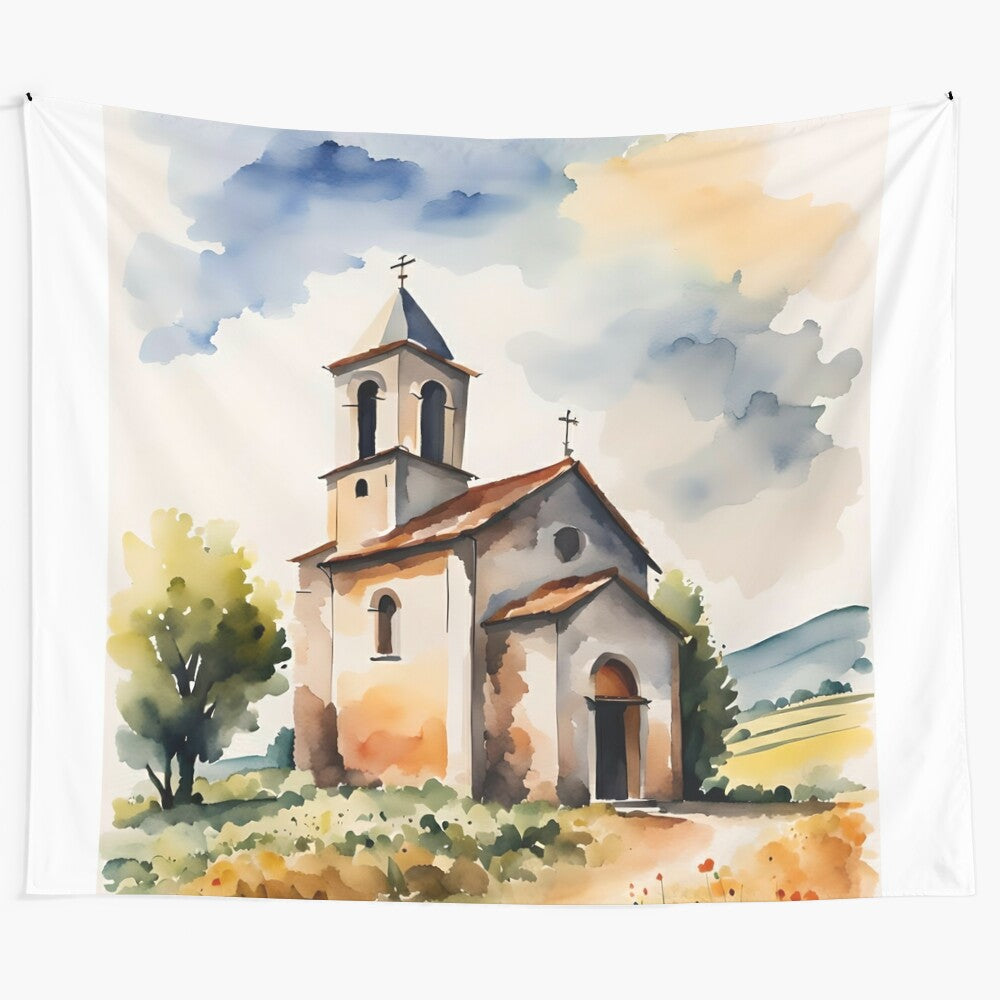 Watercolor painting of an old Italian church, focus keyword: watercolor church tapestry