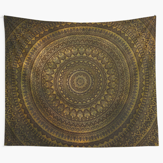 Lime and brown mandala pattern tapestry wall hanging