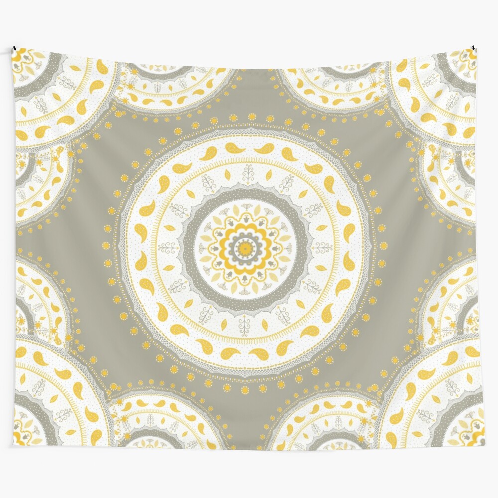 Gray, yellow, and white mandala pattern tapestry wall hanging