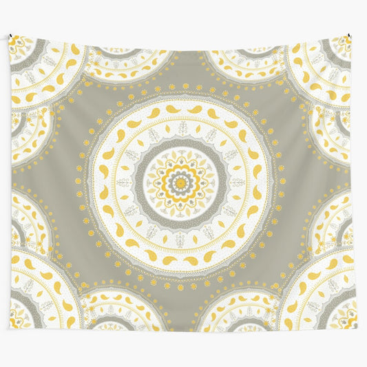 Gray, yellow, and white mandala pattern tapestry wall hanging