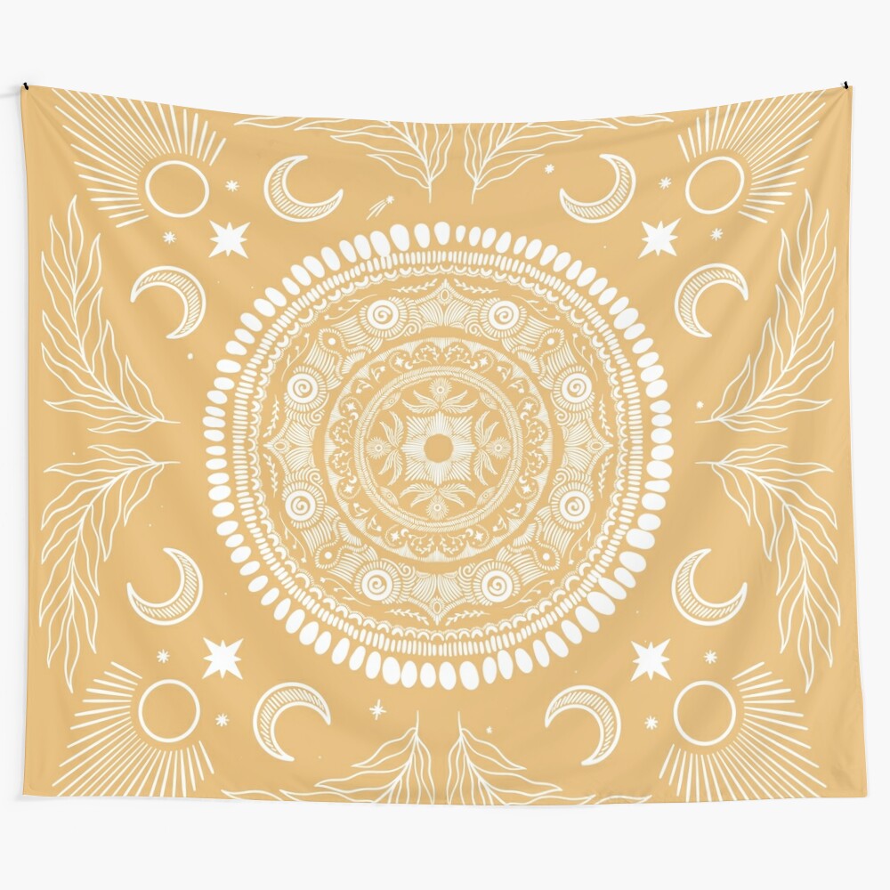 Boho mandala tapestry with crescent moon, full moon, sun, and stars