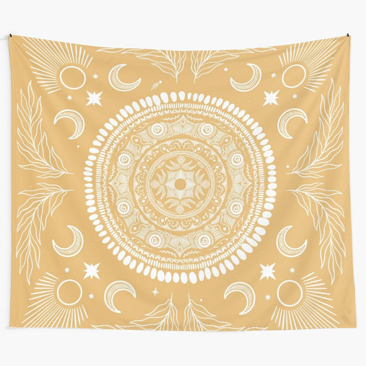 Boho mandala tapestry with crescent moon, full moon, sun, and stars