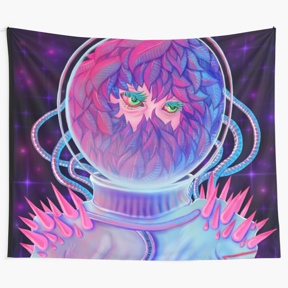 Colorful tapestry depicting a cosmic scene with oxygen, stars, and nebula