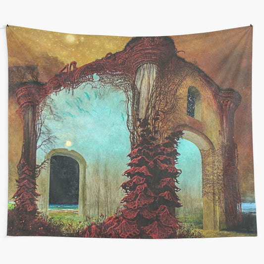 Zdzislaw Beksinski inspired surrealist tapestry depicting an enigmatic, twisted house