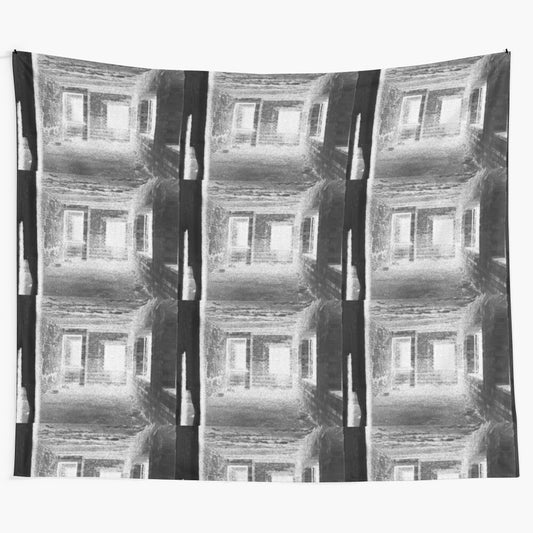 Monochrome tapestry depicting abandoned and haunted places