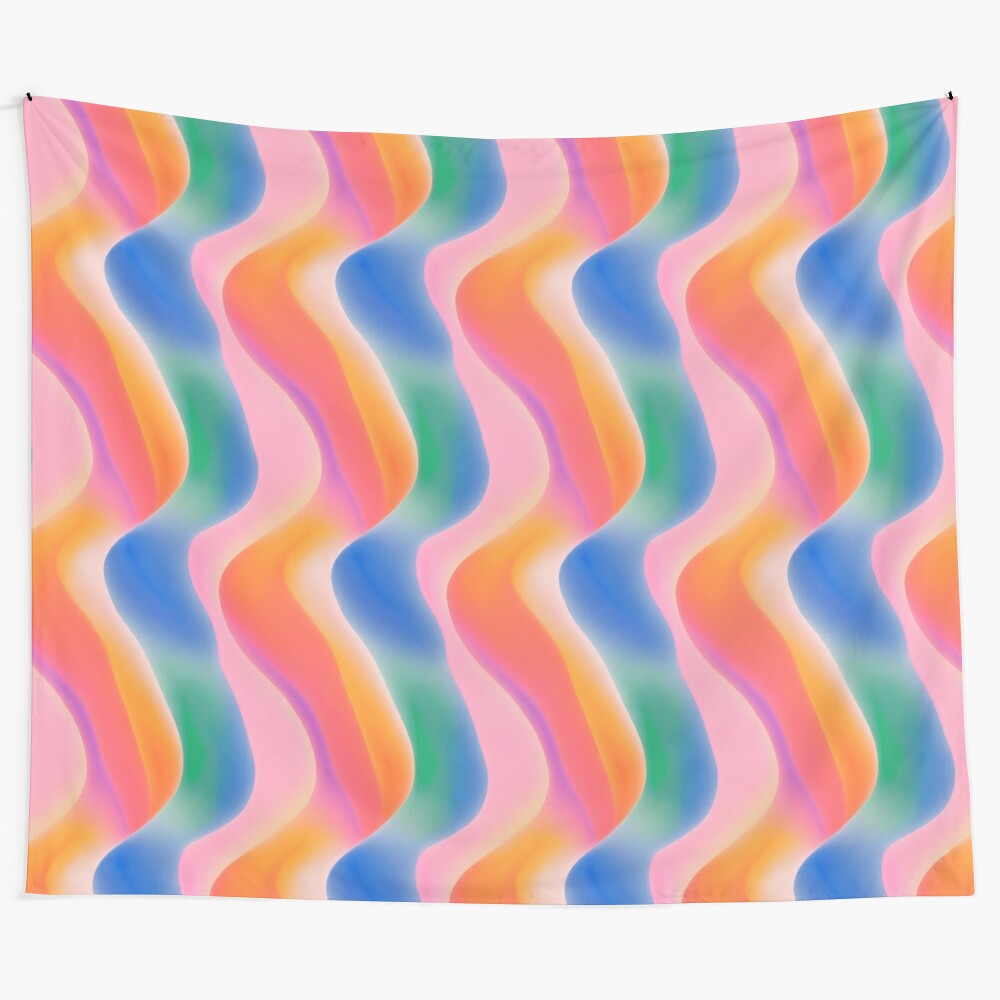 Colorful wavy rainbow tapestry with a psychedelic, abstract design