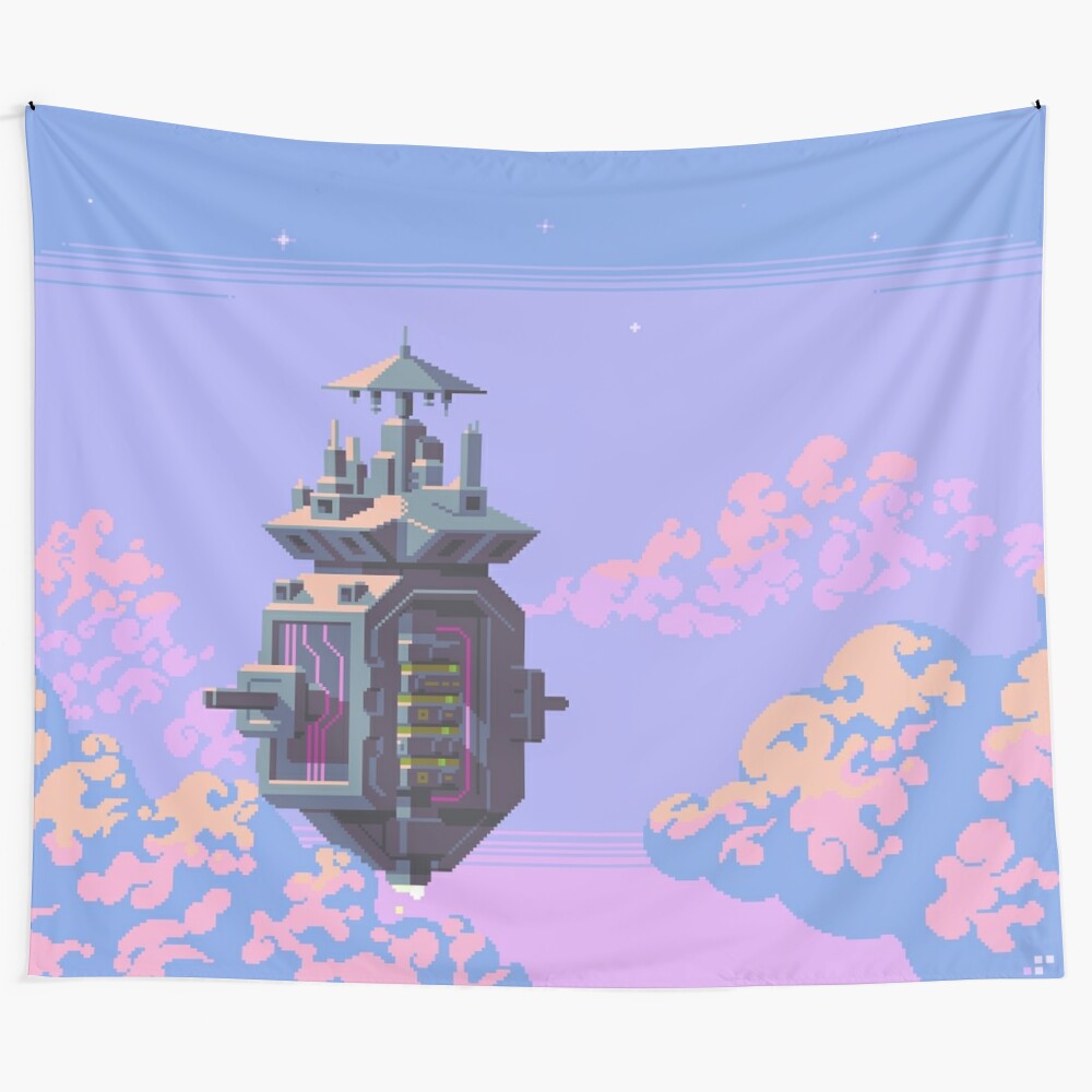 Stunning pixel art digital tapestry featuring a celestial sky temple landscape