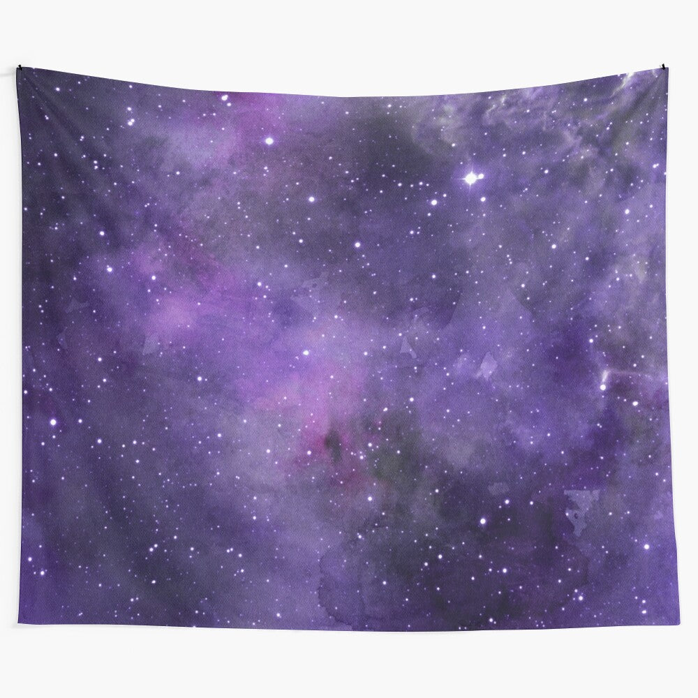 Amethyst watercolor galaxy tapestry with planets, stars, and moon