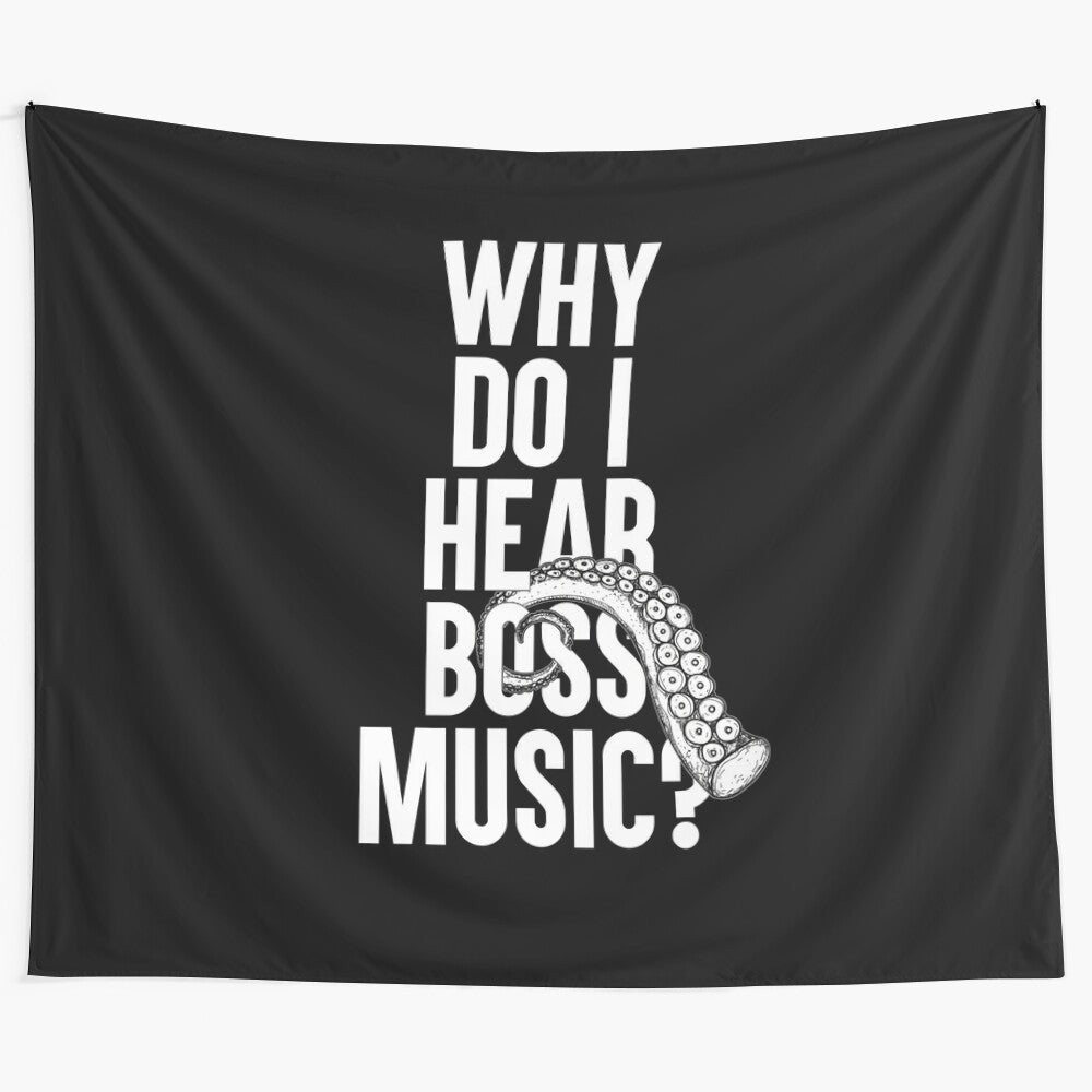 Tapestry featuring a "why do I hear boss music?" gaming-themed design