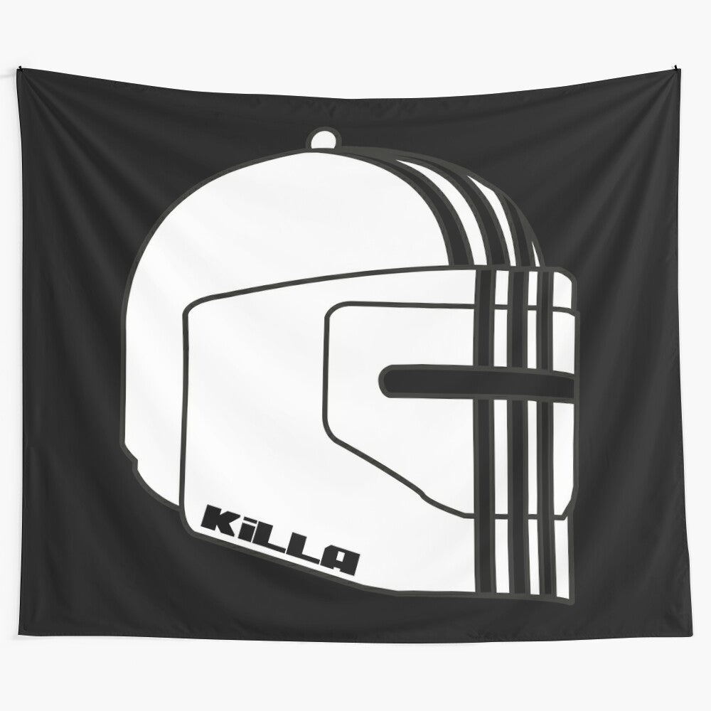 Escape from Tarkov inspired Killa helmet tapestry featuring elements from the popular FPS video game