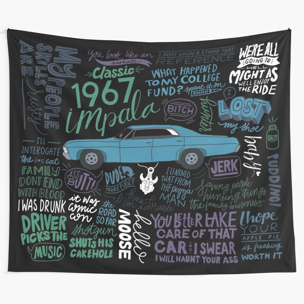 Supernatural-themed tapestry featuring the iconic Impala and the Winchester brothers