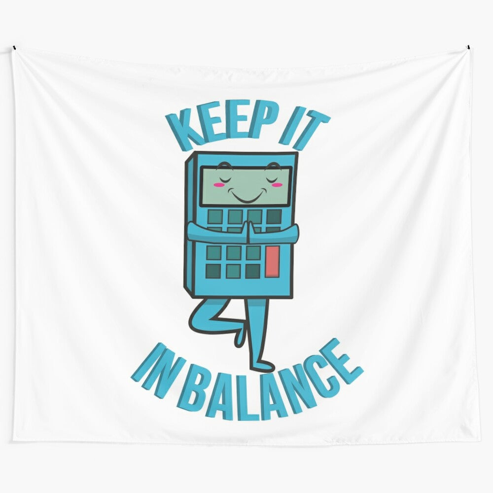 Accounting-themed tapestry with a humorous yoga pun