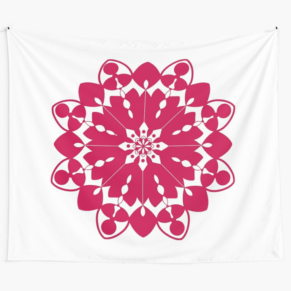 Petal Harmony floral mandala tapestry featuring a geometric design in hot pink and white