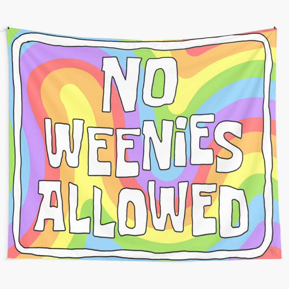 Pastel "No Weenies Allowed" cartoon tapestry with trippy, psychedelic design