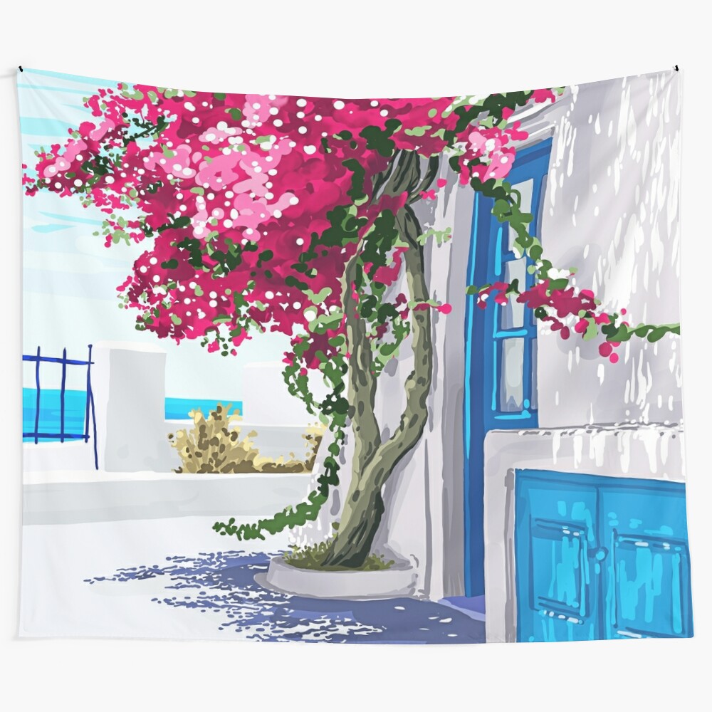 Santorini travel tapestry featuring summer architecture and positivity