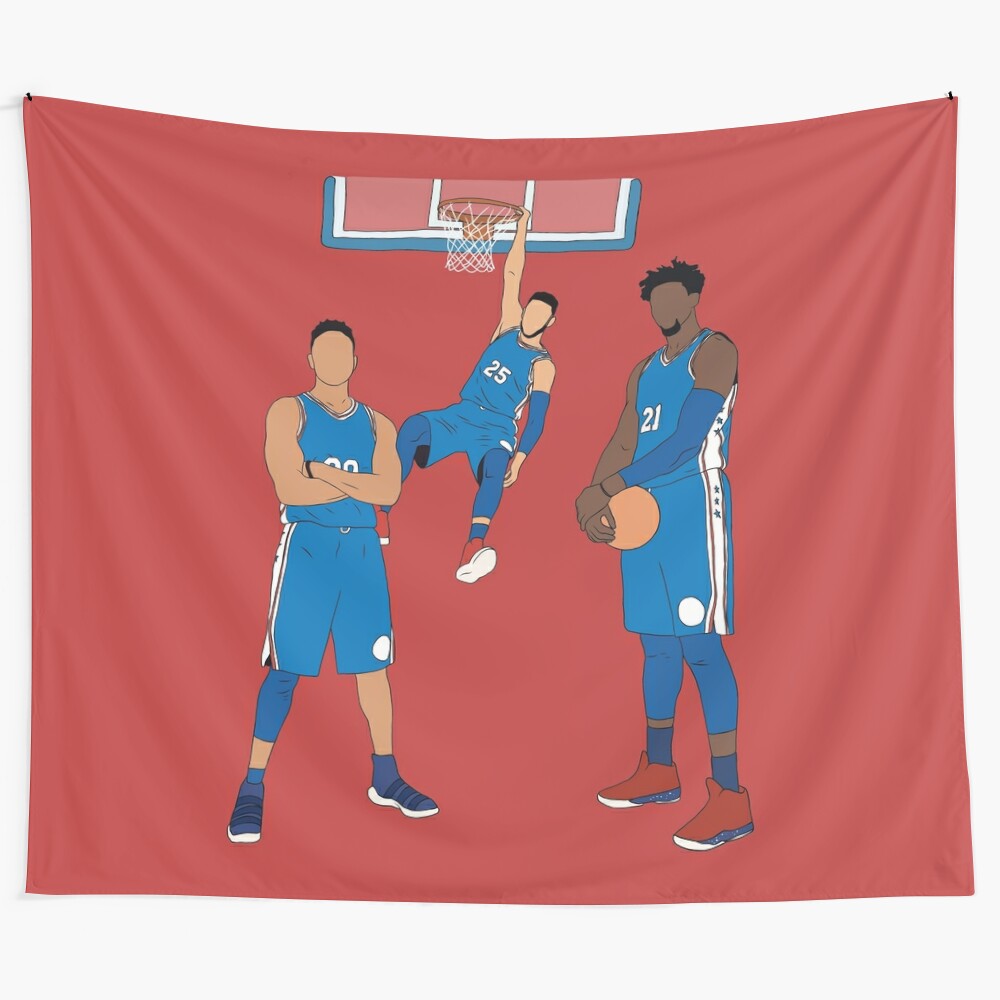 Tapestry featuring the Philadelphia 76ers' young stars Ben Simmons, Markelle Fultz, and Joel Embiid