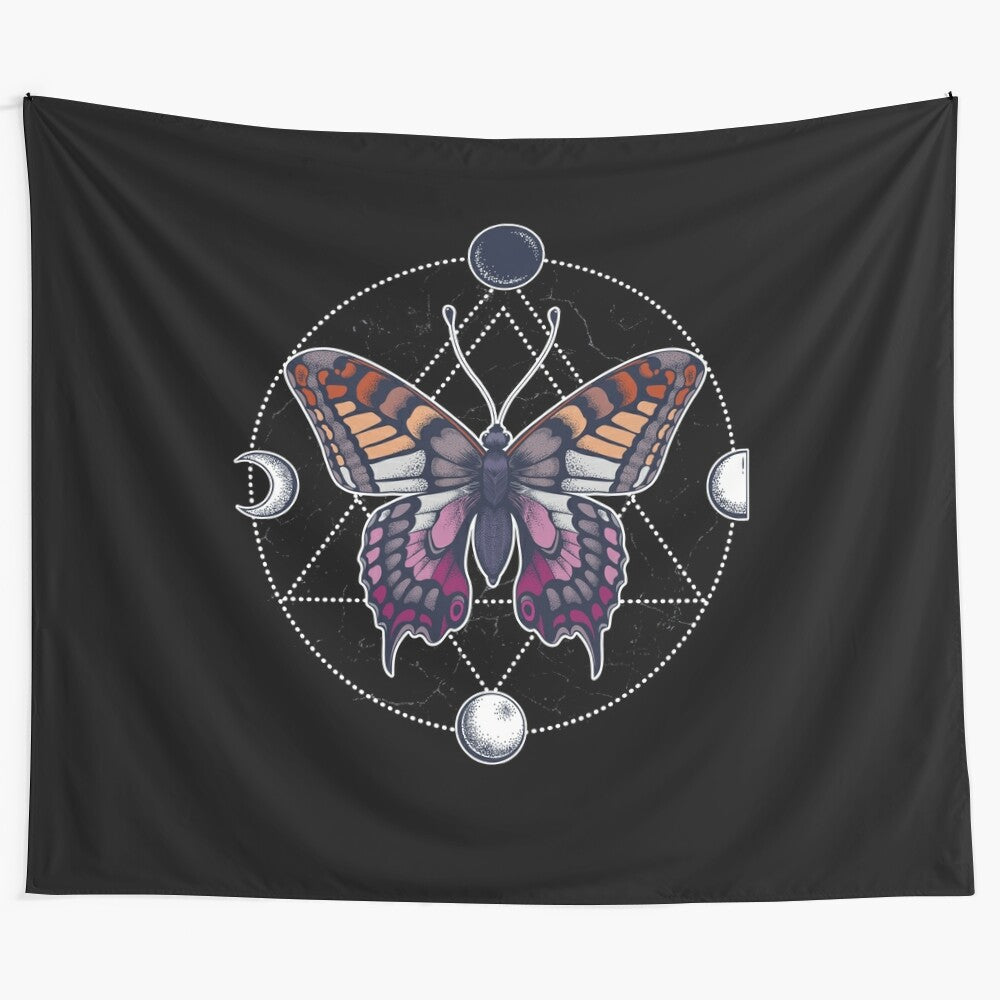 Colorful lesbian butterfly tapestry with LGBTQ pride flag design