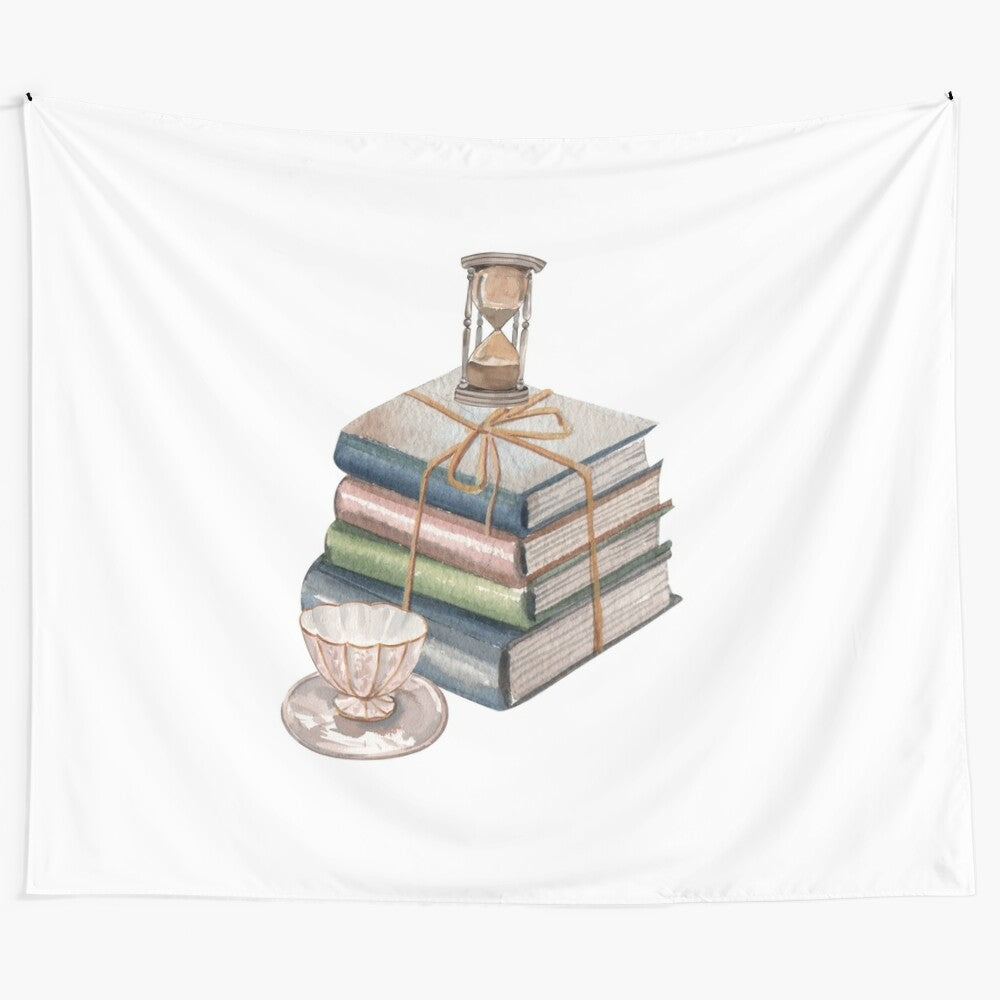 Tapestry featuring coffee and books design, focusing on positive vibes and education