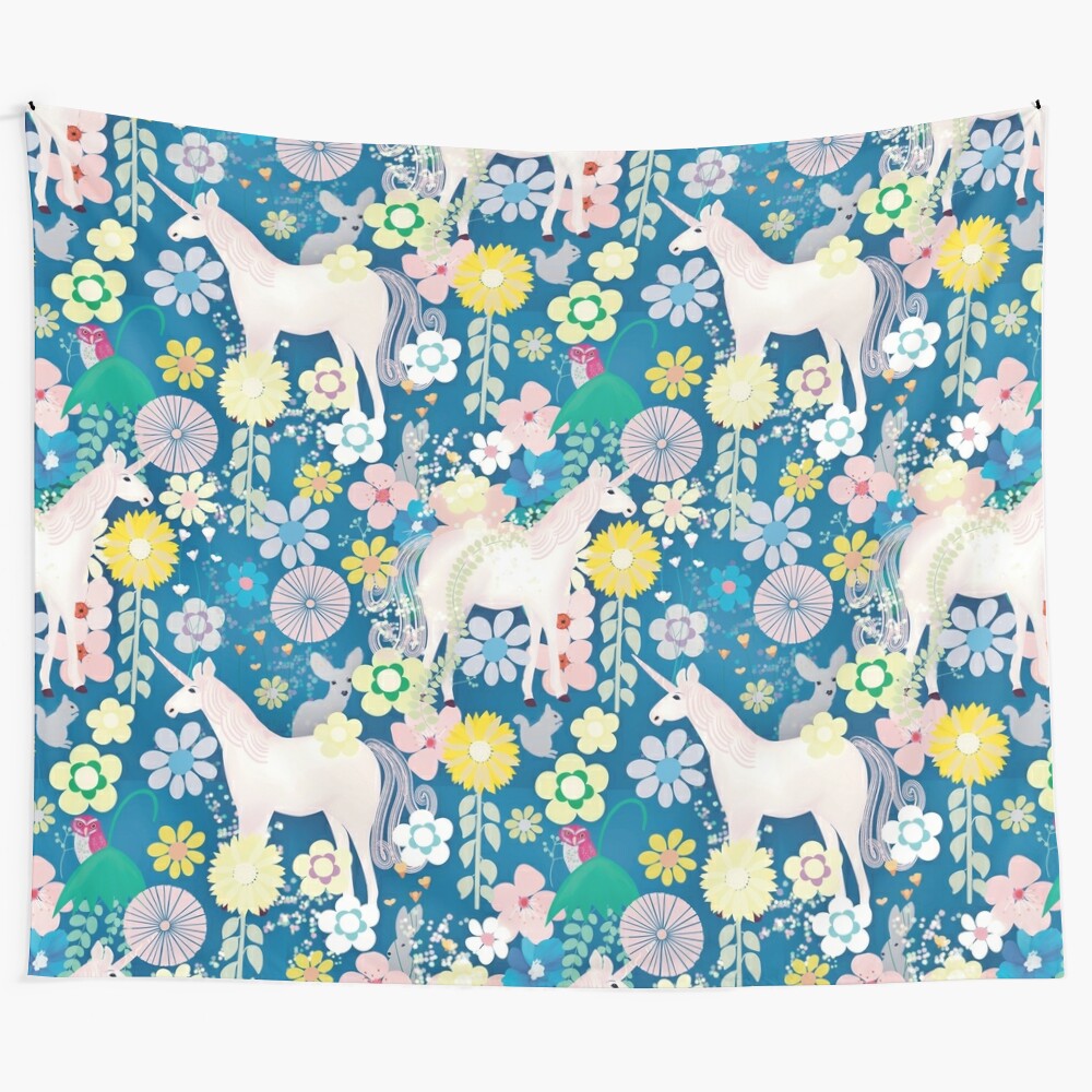 Unicorn in a magical floral forest tapestry