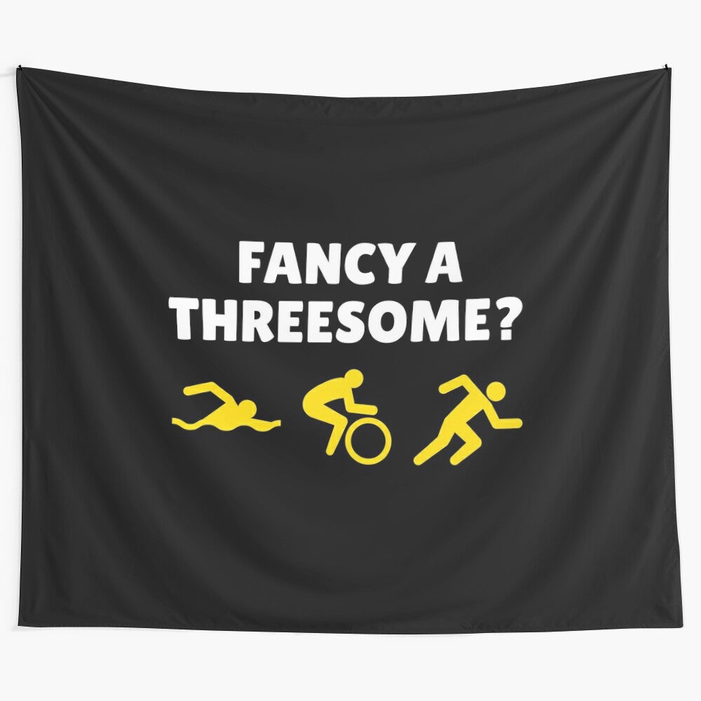 Triathlon humor tapestry featuring a funny design for triathletes