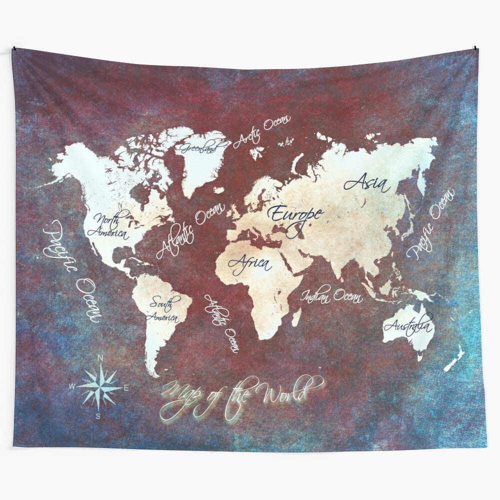 Typographic world map tapestry featuring a colorful and artistic design