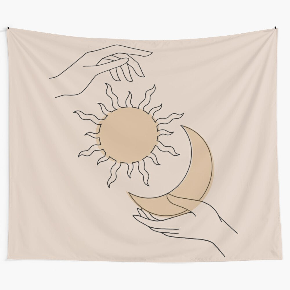 Boho sun and moon tapestry wall hanging with abstract line art design