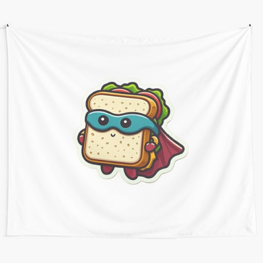 Whimsical superhero sandwich tapestry with quirky food art design