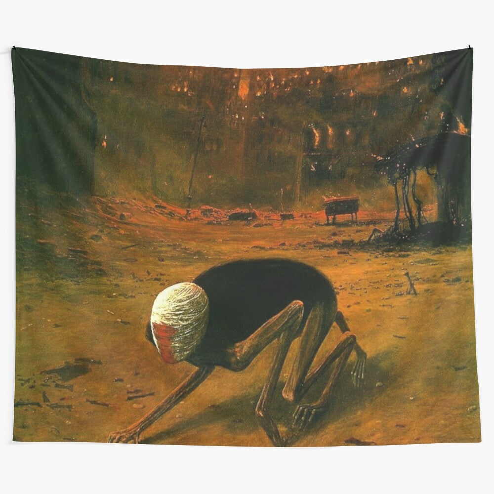 Tapestry featuring a bizarre and unsettling creature, inspired by the dark surrealist paintings of Polish artist Zdzisław Beksiński