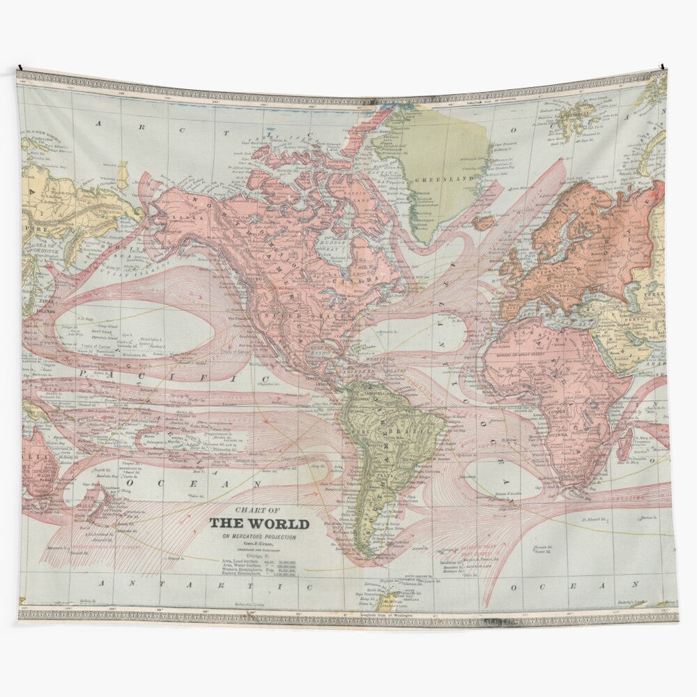 Vintage-style tapestry depicting a detailed 1883 world map replica