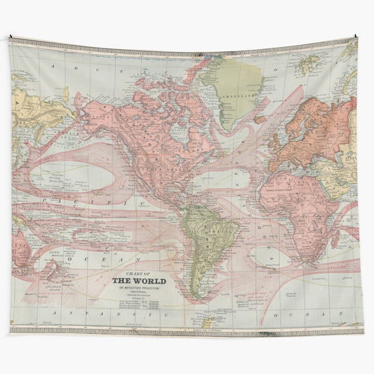 Vintage-style tapestry depicting a detailed 1883 world map replica