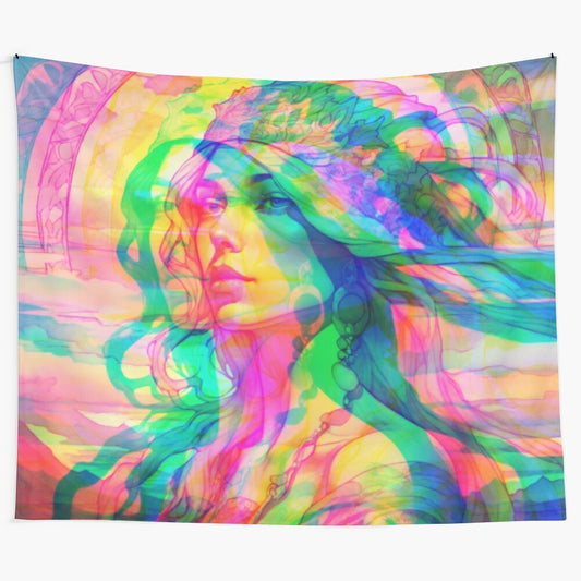 Psychedelic woman tapestry featuring trippy, surreal digital art